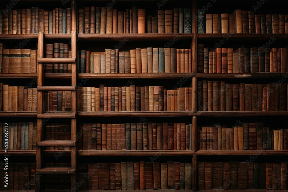 Wooden ladder leaning on bookshelf full of antique books Wooden ladder leaning on bookshelf full of antique books