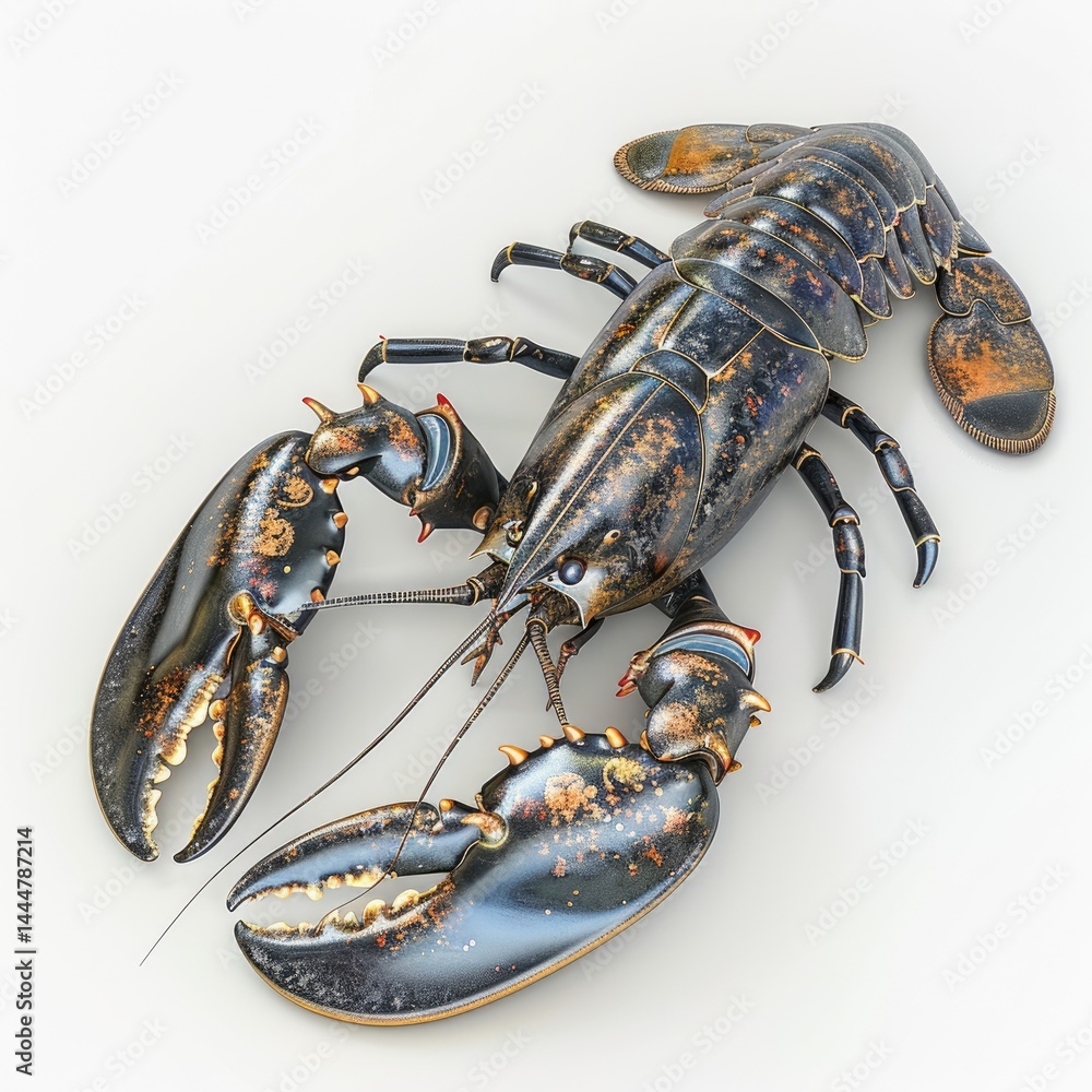 A large, dark lobster displays its complex shell texture.