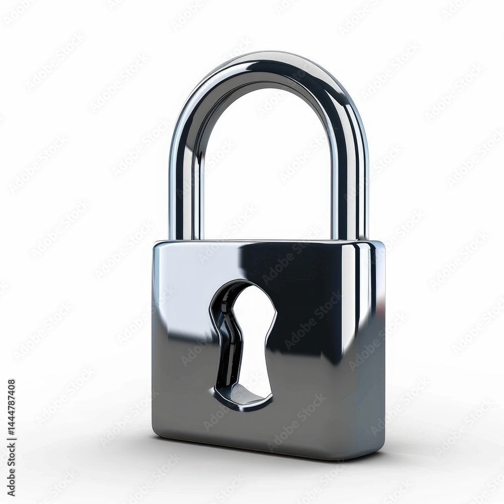 Polished metal padlock on a white background.