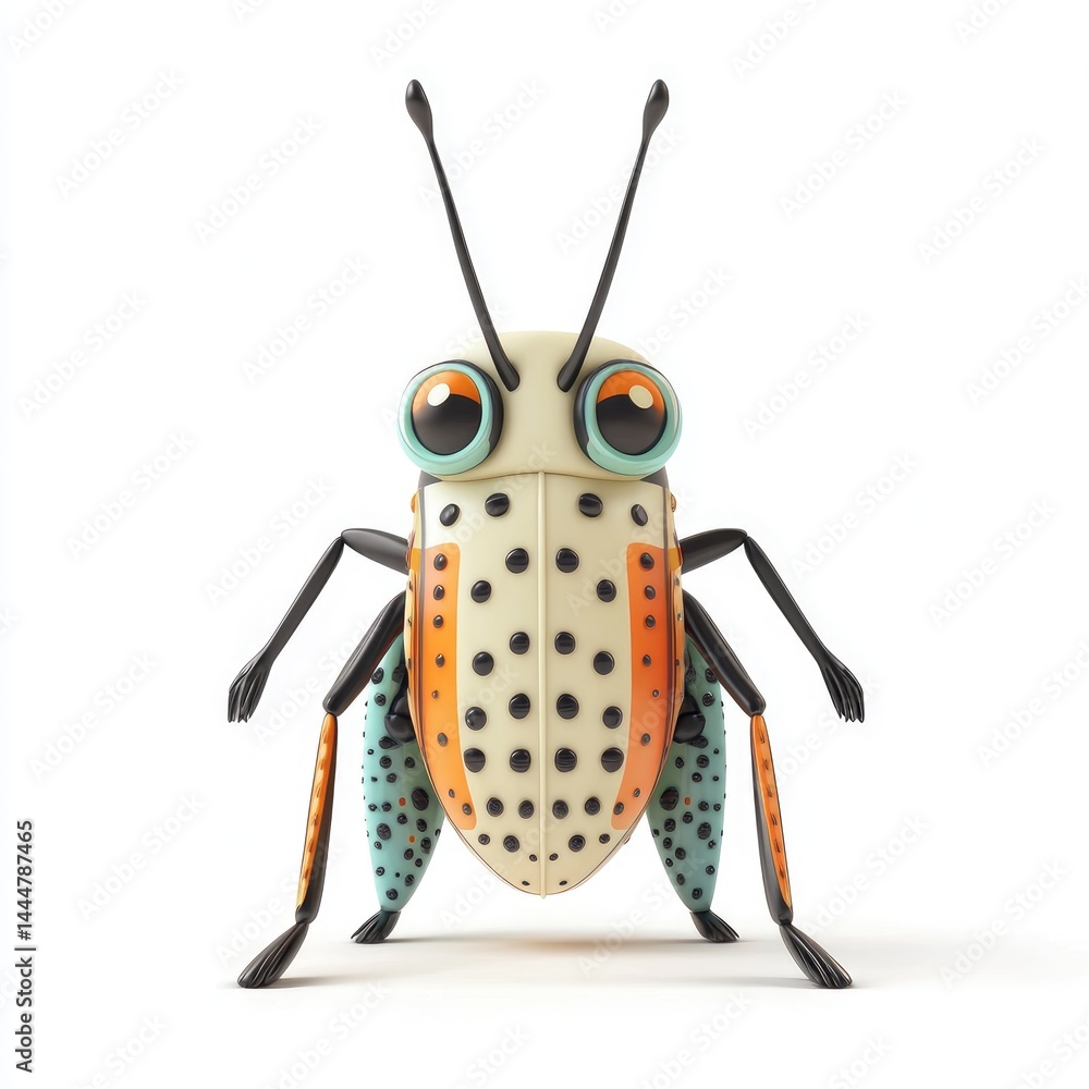 Colorful cartoon insect design with bold patterns.