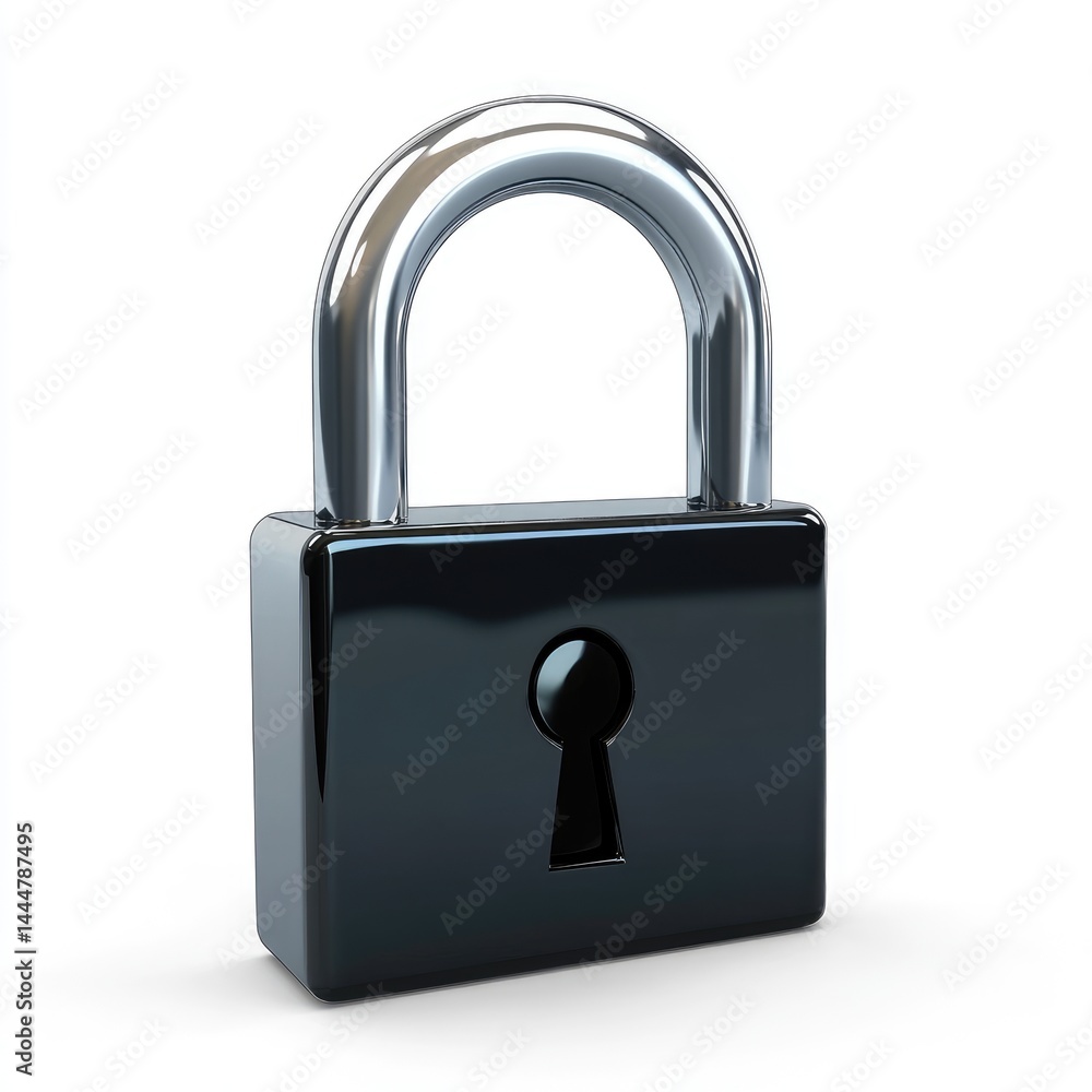 Metallic black padlock on a white background.