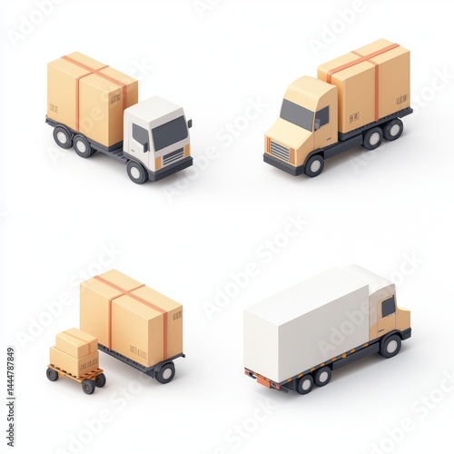 Four isometric views of delivery trucks loaded with cardboard boxes.