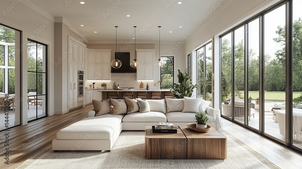 Fototapeta premium Cozy Living Room Featuring Spacious Window and Comfortable Couch Creating a Warm Inviting Atmosphere