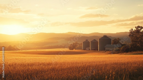 Golden hour bathes a wheat field near farm silos, reflecting the warm sunlight