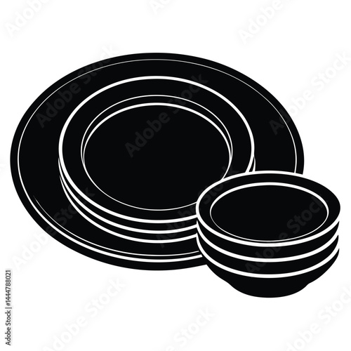 Tablespoon,Table knife,Fork And Plate Dinner Set Vector Illustration, Cutlery, Plate, Plate with cutlery and long shadows, Place Setting Silhouette.