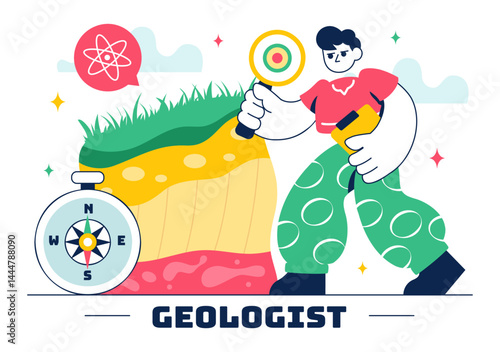 Geologist Illustration Featuring Soil Analysis and Earth's Surface Features for Scientific Research, Exploration, or Expedition in a Background