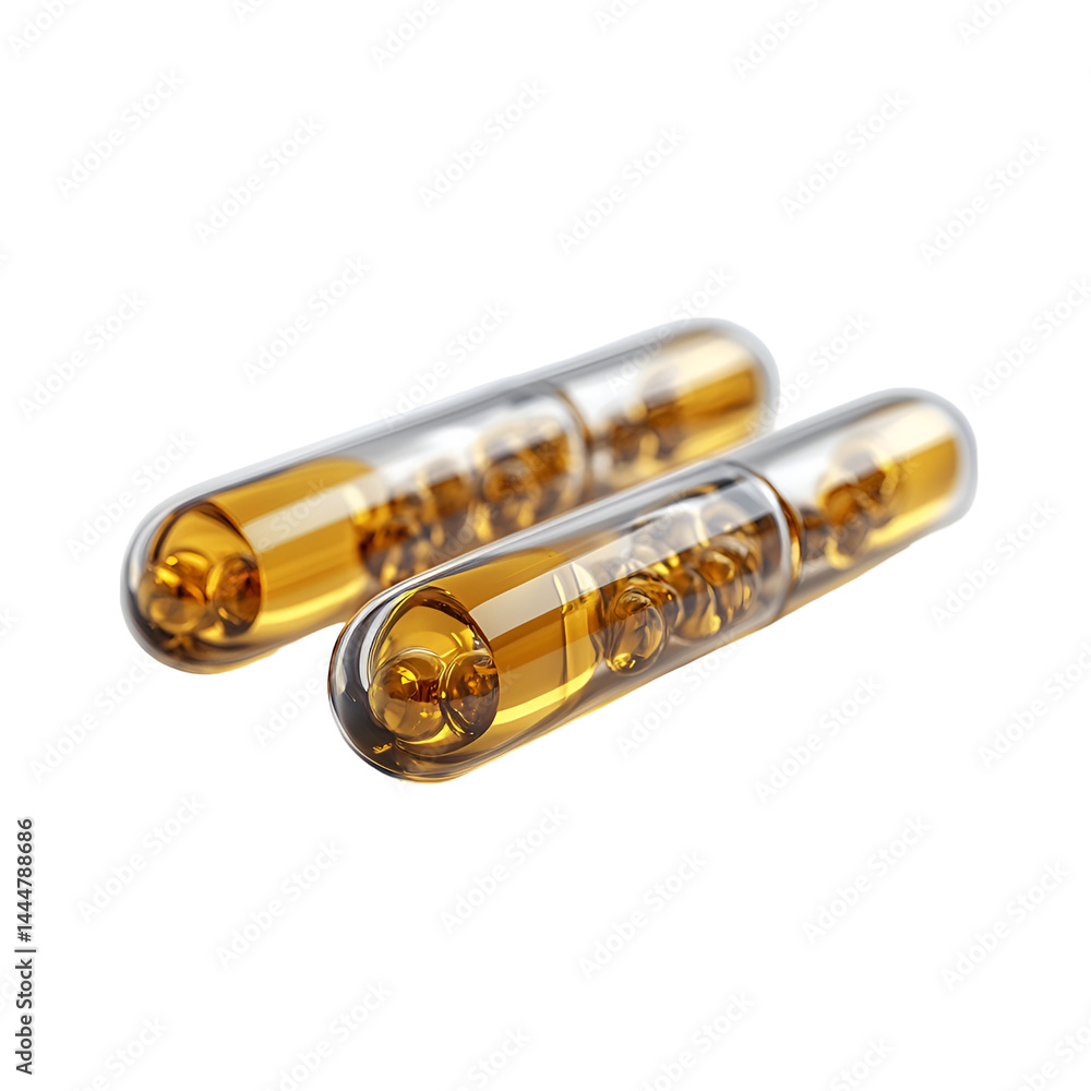 Naklejka premium Two golden liquid filled capsules on black background