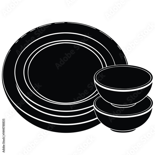 Tablespoon,Table knife,Fork And Plate Dinner Set Vector Illustration, Cutlery, Plate, Plate with cutlery and long shadows, Place Setting Silhouette.