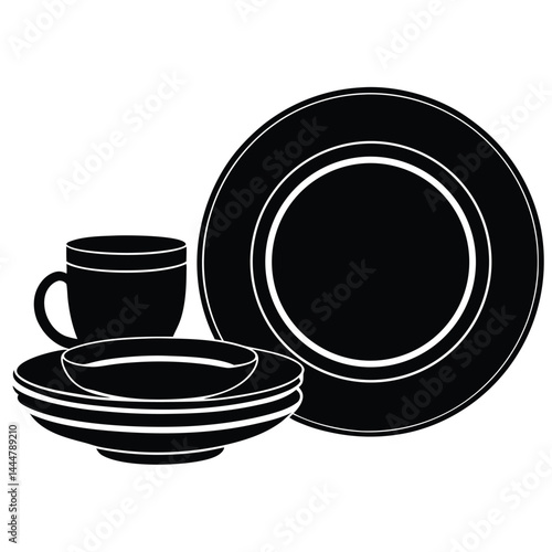 Tablespoon,Table knife,Fork And Plate Dinner Set Vector Illustration, Cutlery, Plate, Plate with cutlery and long shadows, Place Setting Silhouette.