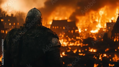Medieval Knight Standing in Front of Fire - Historical Warrior Illustration
