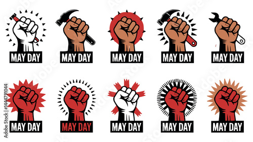 May Day Labor Protest Icons with Raised Fist and Worker Symbols