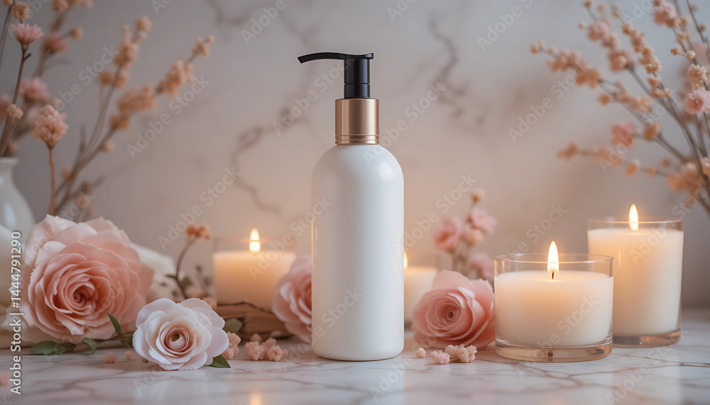 Tranquil spa-themed skincare scene featuring a minimalist bottle, soft candlelight, and natural textures for a calming ambiance, blank brand Tranquil spa-themed skincare scene featuring a minimalist bottle, soft candlelight, and natural textures for a calming ambiance, blank brand