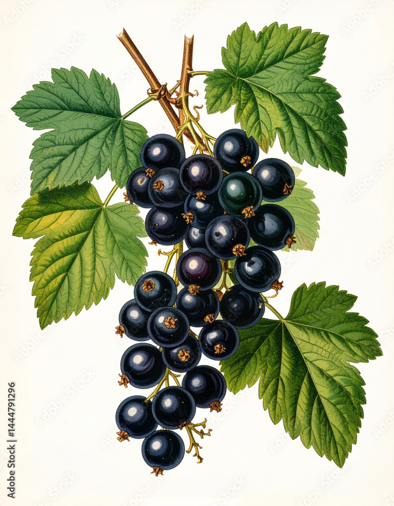 Ilustracja vintage, czarna Porzeczka na białym tle. Generative AI