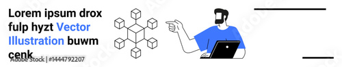 3D abstract cube network with a man pointing while holding a laptop. Text placeholders on the side. Ideal for teamwork, technology, workflow, education, tutorials, development, flat landing page