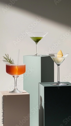 Variety of colorful cocktails displayed on minimalist pedestals in soft lighting