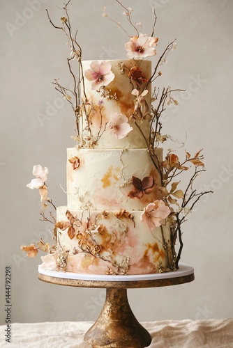 Elegant three-tier cake decorated with floral accents and natural branches for a special celebration