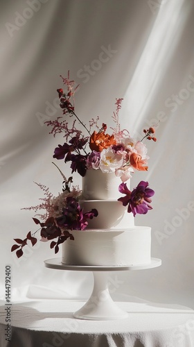 Elegant white wedding cake adorned with fresh flowers in a soft and bright setting