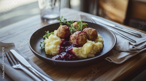 Unique plate of meatballs served with creamy mashed potatoes and tangy sauce in a cozy dining setting during lunchtime. Scandinavian cuisine