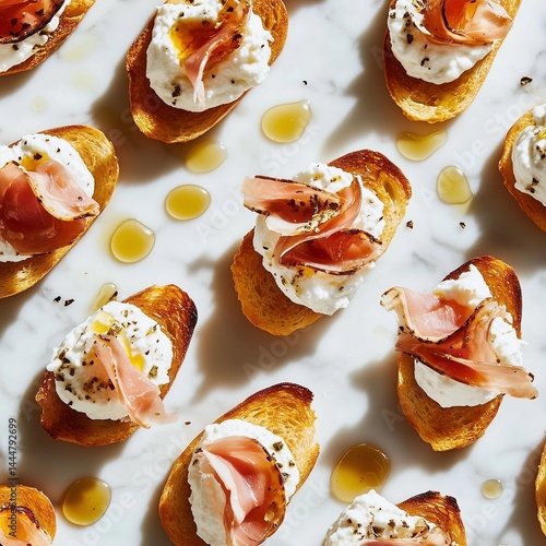 Delicious crostini topped with creamy cheese and savory prosciutto served on a marble countertop at sunset Generative AI