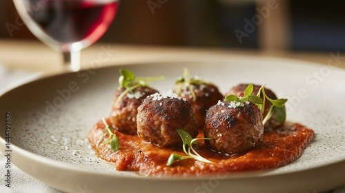 Delicious meatballs served in rich sauce with fresh herbs and a glass of wine at an elegant dining setting Generative AI