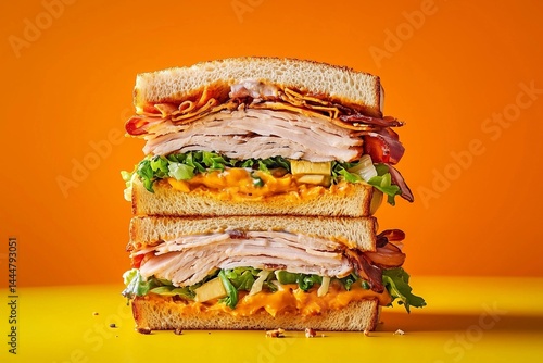 Delicious layers of turkey and bacon served on toasted bread with vibrant orange backdrop Generative AI