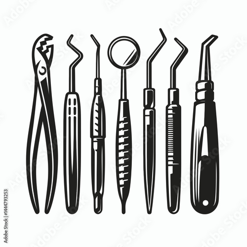 The Dental tools. Hospital Clinic Healthcare Treatment Symbol. Oral implements device for hygiene a complete examination instrument kit.