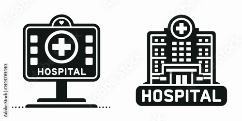 The Hospital signage. Clinic Healthcare Treatment Symbol. Medical center markers wayfinding direction patient aid facility identification.