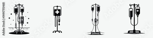 The IV stand. Hospital Clinic Healthcare Treatment Symbol. Intravenous pole medical support device for fluid infusion therapy at facility.
