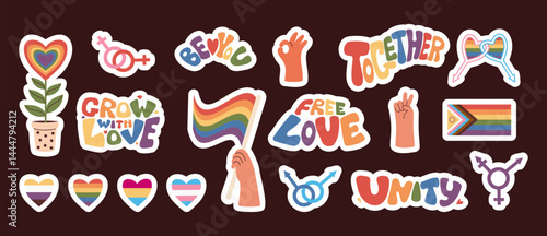 Pride Month Stickers. Hand Holding LGBTQ Progress Flag, Diverse Hearts, Rainbow symbols, signs LGBT community, gestures and Lettering motivating slogans. Isolated holiday elements. Vector illustration
