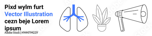 Lungs with outlined airways, a potted plant, and a megaphone. Ideal for healthcare, nature, communication, campaigns, awareness wellness and eco-friendly themes. Flat landing page banner