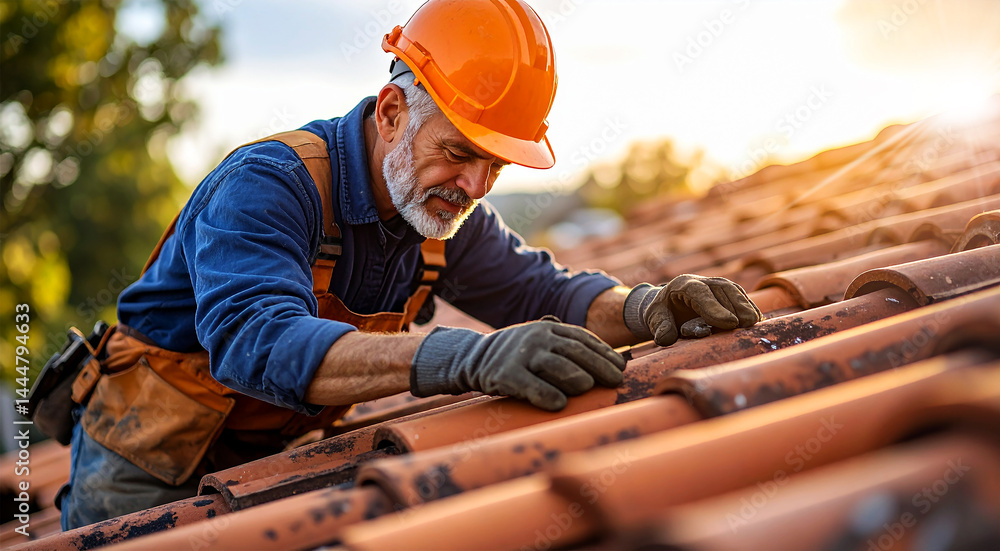 Close-up of a bricklayer (Roofer) with orange hard hat and work gloves while repairing the broken terracotta tiles of an old roof. Repair roof concept. Generative Ai. Close-up of a bricklayer (Roofer) with orange hard hat and work gloves while repairing the broken terracotta tiles of an old roof. Repair roof concept. Generative Ai.