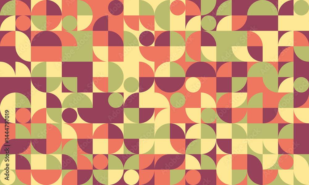 Vibrant geometric pattern featuring circles, squares, and semicircles in muted autumnal tones. Perfect for backgrounds, textiles, and modern design projects. Vibrant geometric pattern featuring circles, squares, and semicircles in muted autumnal tones. Perfect for backgrounds, textiles, and modern design projects.
