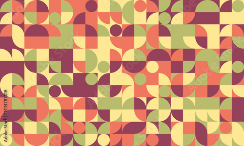 Wallpaper Mural Vibrant geometric pattern featuring circles, squares, and semicircles in muted autumnal tones.  Perfect for backgrounds, textiles, and modern design projects. Torontodigital.ca