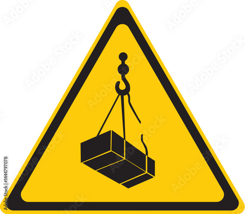 warning sign with crane lifting load icon indicating caution for overhead suspended heavy material hazard