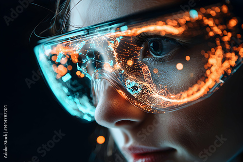 Futuristic vision of a person wearing augmented reality glasses displaying digital data overlay. Suitable for tech concepts or sci-fi visualization purposes. Offers exciting artistic potential.