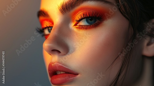 Fiery gaze with intense sunset eyeshadow portrait image closeup. Glamour makeup face. Expressive eyes close-up photography human scene. Fashion look concept photo-realistic