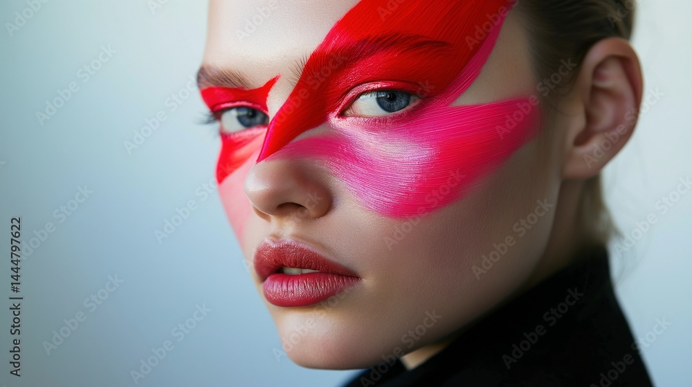 Vivid brushstroke makeup art portrait image closeup. Female model with red pink paint on face close-up photography human scene. Bold artistic fashion concept photo-realistic