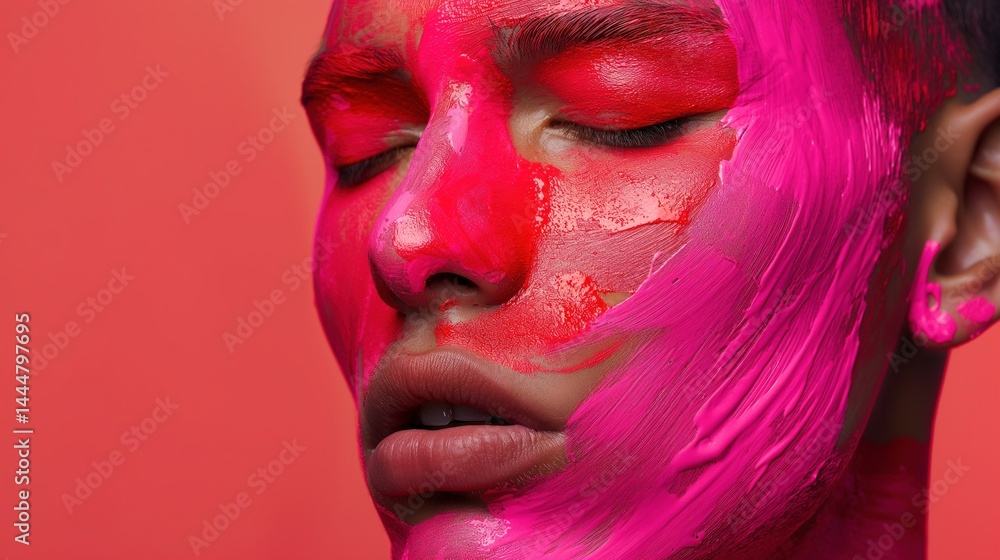 Expressive closed-eye portrait with neon red pink paint image closeup. Male emotional expression close-up photography human scene. Bold artistic fashion concept photo-realistic
