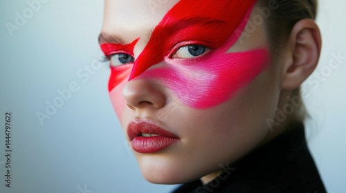 Obraz na płótnie Vivid brushstroke makeup art portrait image closeup. Female model with red pink paint on face close-up photography human scene. Bold artistic fashion concept photo-realistic w salonie