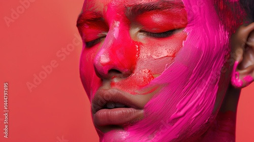 Obraz na płótnie Expressive closed-eye portrait with neon red pink paint image closeup. Male emotional expression close-up photography human scene. Bold artistic fashion concept photo-realistic w salonie