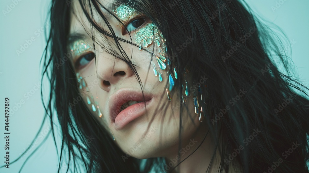 Asian male model with long black hair and turquoise gem drops portrait image closeup. Fashion tears on face close-up photography human scene. Modern surrealism concept photo-realistic