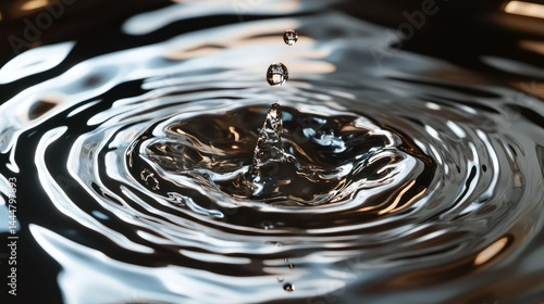 Close-Up of Water Droplet Creating Ripples on Surface, Reflecting Soft Light, Macro Photography of Nature's Beauty with Circular Patterns and Gentle Movement