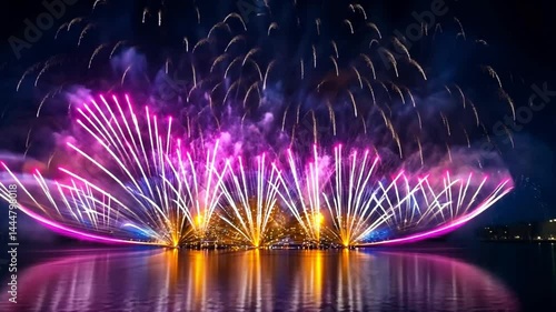Experience stunning fireworks in a mesmerizing night scene. Bright colors and dynamic movements create an unforgettable ambiance. Ideal for celebrations and events. AI