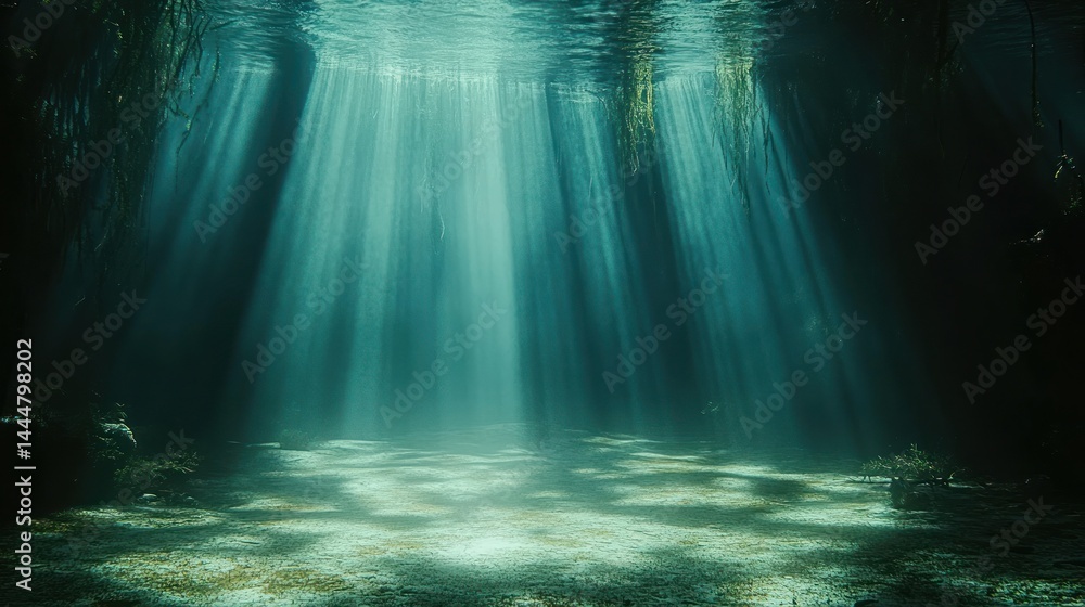 Underwater cave, sunlight beams Underwater cave, sunlight beams
