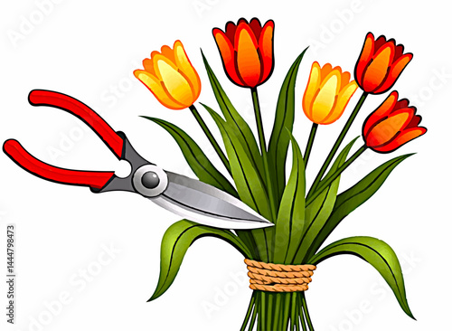 Fresh Tulip Bouquet with Pruning Shears, Spring Floral Illustration, on transparent isolated background