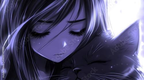 Pensive anime girl hugging feline companion