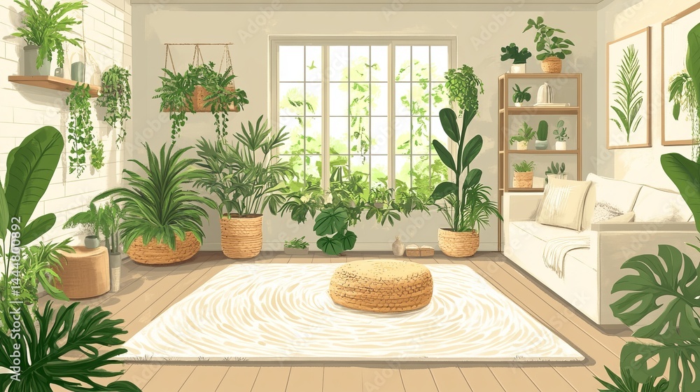 Fototapeta premium Vibrant Indoor Oasis Featuring Lush Green Plants in Decorative Baskets Creating a Refreshing Atmosphere