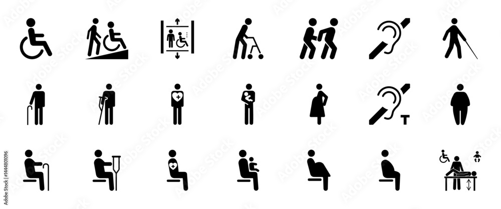 Set of accessibility icons showing disability support, mobility aids, hearing and vision impairment, elderly care, inclusive seating, parenting, and medical assistance symbols. Icons. Set of accessibility icons showing disability support, mobility aids, hearing and vision impairment, elderly care, inclusive seating, parenting, and medical assistance symbols. Icons.