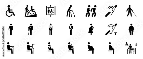 Set of accessibility icons showing disability support, mobility aids, hearing and vision impairment, elderly care, inclusive seating, parenting, and medical assistance symbols. Icons.