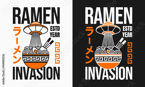Ramen invasion concept with UFO beaming noodles in bold graphic style with ramen text written in Japanese.